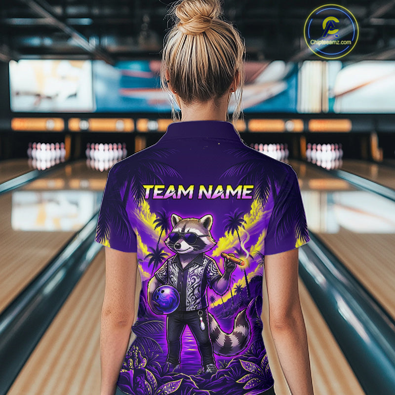 Funny Cool Raccoon Bowling Ball Shirt For Women Custom Blue Tropical Team Jersey Bowling League NBT903