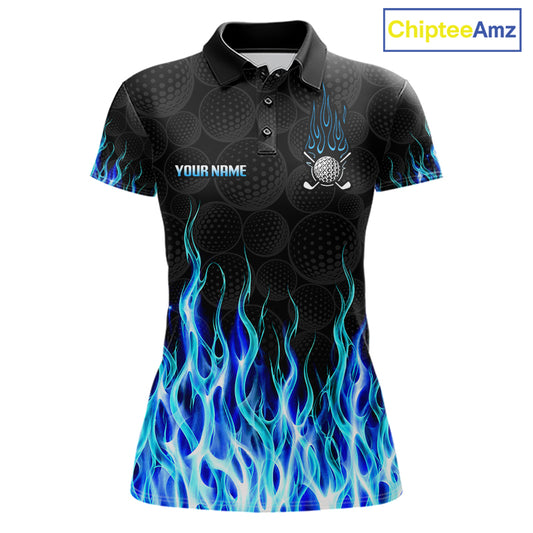 Womens golf polo shirt blue flame pattern - front view, custom name available