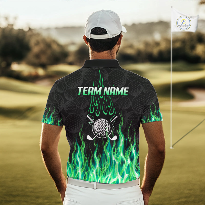 Model wearing golf polo shirt green flame pattern, breathable cotton fabric on golf course