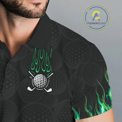 Close-up golf polo shirt green flame fabric: breathable cotton, quick moisture wicking, no wrinkle
