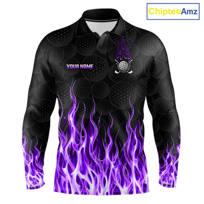 Mens golf polo shirt purple flame pattern - front view, custom name available