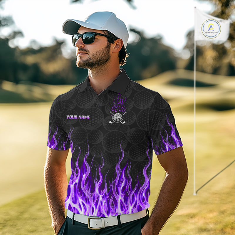 Model wearing golf polo shirt purple flame pattern, breathable cotton fabric on golf course
