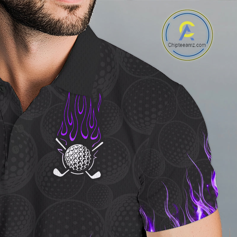 Close-up golf polo shirt purple flame fabric: breathable cotton, quick moisture wicking, no wrinkle