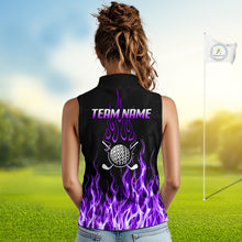 Load image into Gallery viewer, Model wearing golf polo shirt purple flame pattern, breathable cotton fabric on golf course