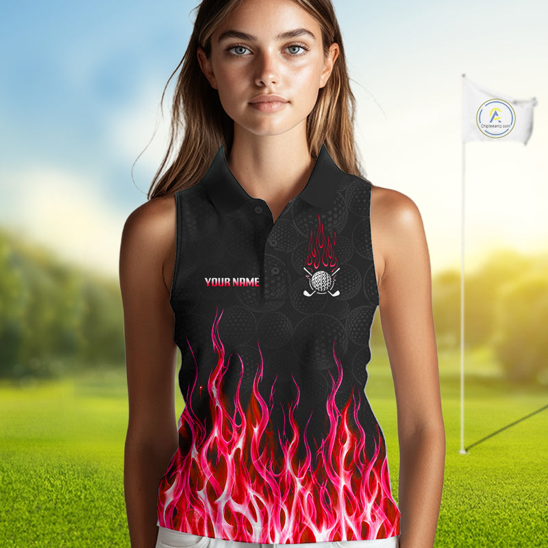 Model wearing golf polo shirt red flame pattern, breathable cotton fabric on golf course