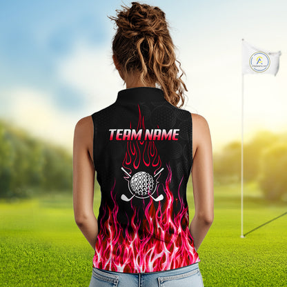 Model wearing golf polo shirt red flame pattern, breathable cotton fabric on golf course