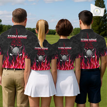 Load image into Gallery viewer, Golf team wearing matching red flame pattern polo shirts, custom name &amp; team name, tailored fit