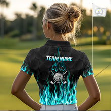Load image into Gallery viewer, Model wearing golf polo shirt turquoise flame pattern, breathable cotton fabric on golf course
