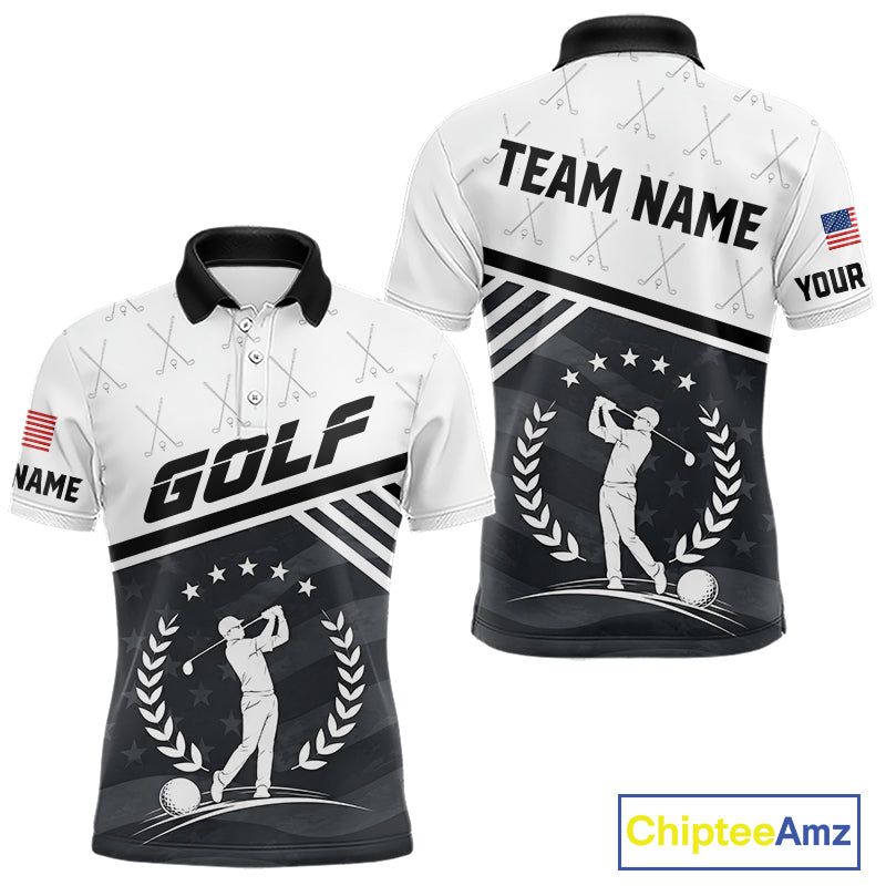 Mens golf polo shirt black white golf player pattern - front and back view, custom name available