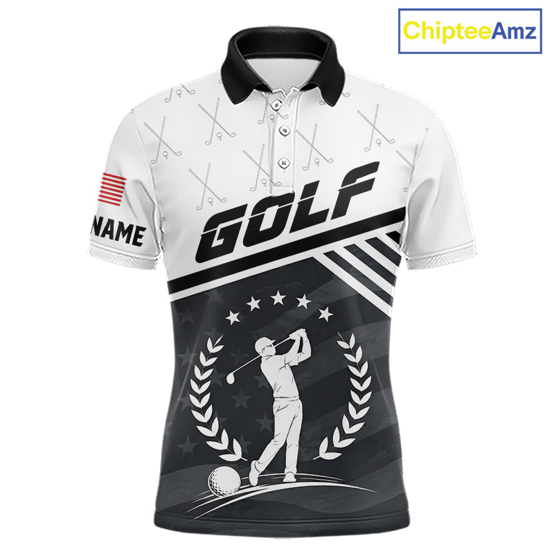 Mens golf polo shirt black white golf player pattern - front view, custom name available