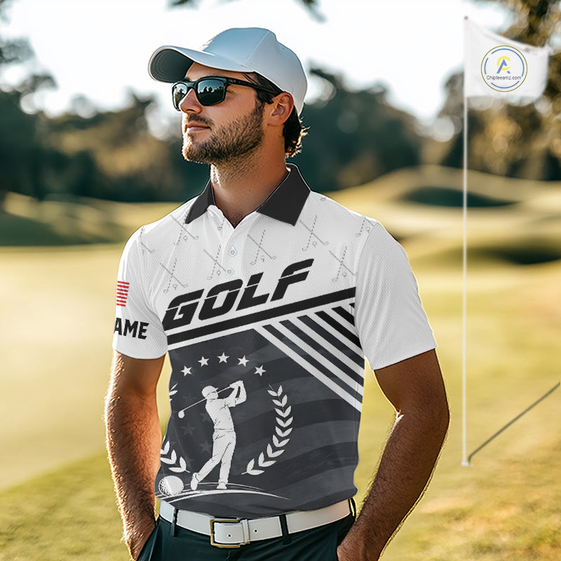 Model wearing golf polo shirt black white golf player pattern, breathable cotton fabric on golf course