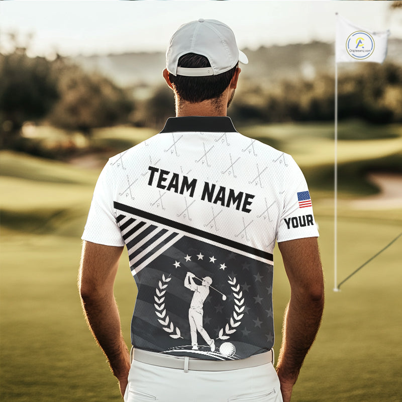 Model wearing golf polo shirt black white golf player pattern, breathable cotton fabric on golf course