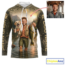 Load image into Gallery viewer, Custom Photo Bass And Dog Fishing Shirts Long Sleeve Hooded For Men, Sun Protection Shirts NBT734
