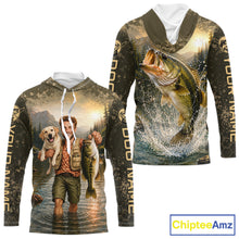 Load image into Gallery viewer, Custom Photo Bass And Dog Fishing Shirts Long Sleeve Hooded For Men, Sun Protection Shirts NBT734