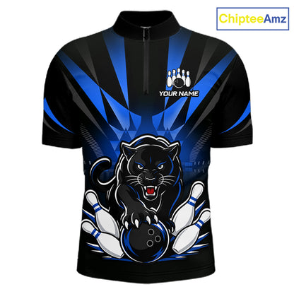 Front view of custom black and blue leopard bowling men’s quarter-zip team shirt