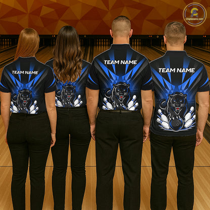 Bowling team wearing matching custom black and blue leopard bowling jerseys with personalized names - back view 