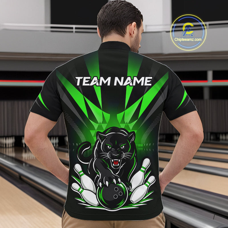 Bowler wearing custom black and green leopard bowling quarter zip team jersey on the lanes