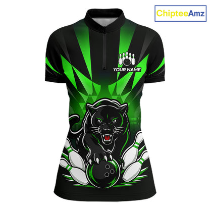 Custom Black And Green Leopard Bowling Jerseys, Leopard Bowling Team Women Polo & 1/4 Quarter-Zip Shirts NBT915