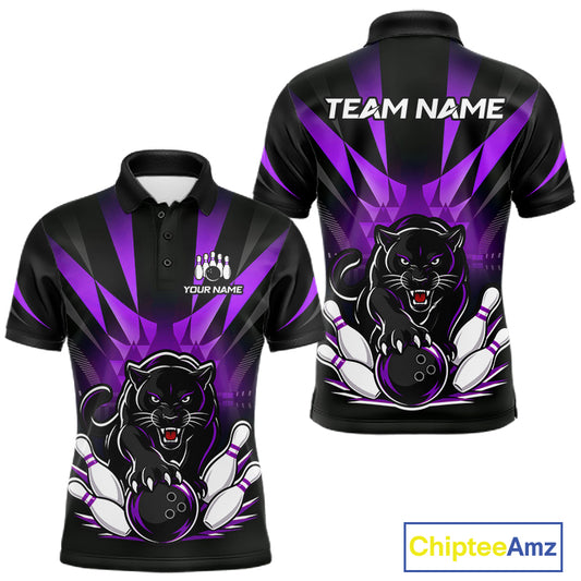Front and back view of custom black and purple leopard bowling men’s polo team jersey