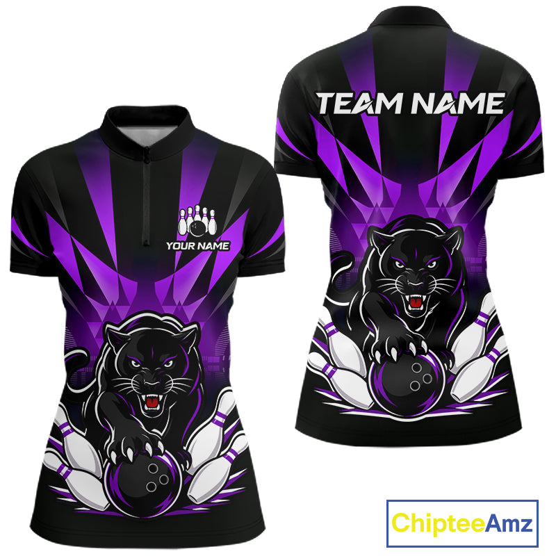 Custom Black And Purple Leopard Bowling Jerseys, Leopard Bowling Team Women Polo & 1/4 Quarter-Zip Shirts NBT916