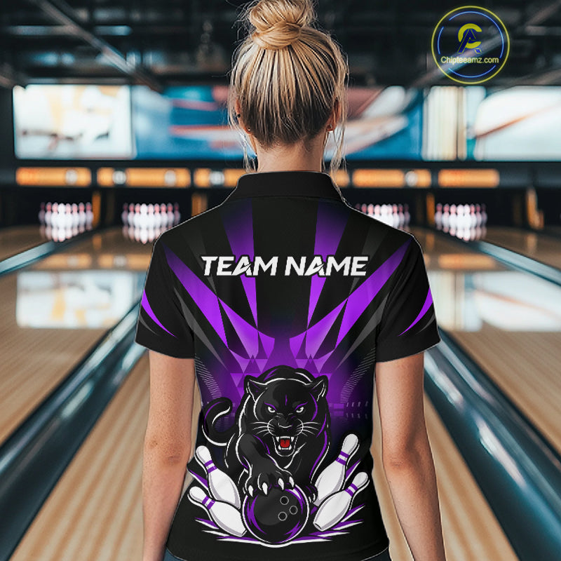 Custom Black And Purple Leopard Bowling Jerseys, Leopard Bowling Team Women Polo & 1/4 Quarter-Zip Shirts NBT916