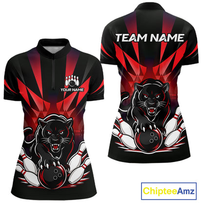 Custom Black And Red Leopard Bowling Jerseys, Leopard Bowling Team Women Polo & 1/4 Quarter-Zip Shirts NBT917