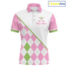 Load image into Gallery viewer, Funny men’s golf polo shirt pink argyle pattern – I Hate Golf Nice Shot I Love Golf – front view