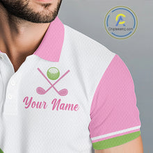 Load image into Gallery viewer, Pink argyle pattern on funny men’s golf polo shirt