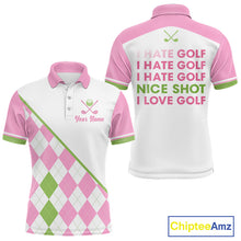 Load image into Gallery viewer, Funny men’s golf polo shirt pink argyle pattern – back view