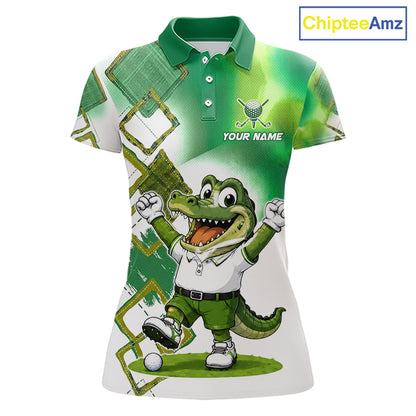 Funny Alligator Womens Golf Polo Shirt Custom Name, Team Golf Shirts, Golf Gifts | Green NBT839