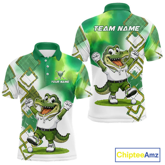 Front and back view of funny alligator mens golf polo shirt in green with custom name on chest, team golf shirts and golf gifts design