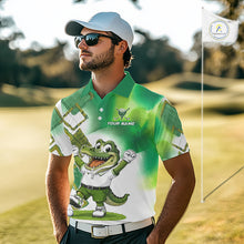 Load image into Gallery viewer, Model wearing funny alligator mens golf polo shirt with custom name in green, team golf shirts and unique golf gifts outfit