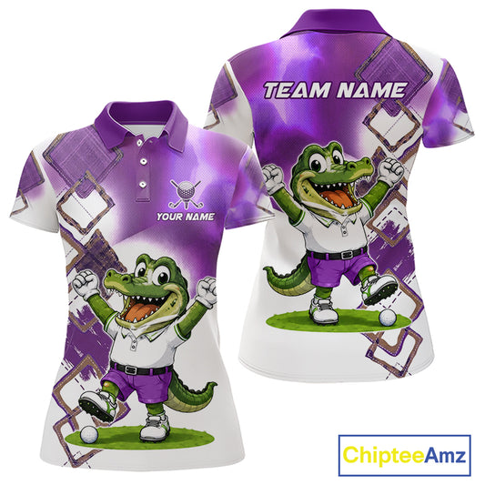 Funny Alligator Womens Golf Polo Shirt Custom Name, Team Golf Shirts, Golf Gifts | Purple NBT840