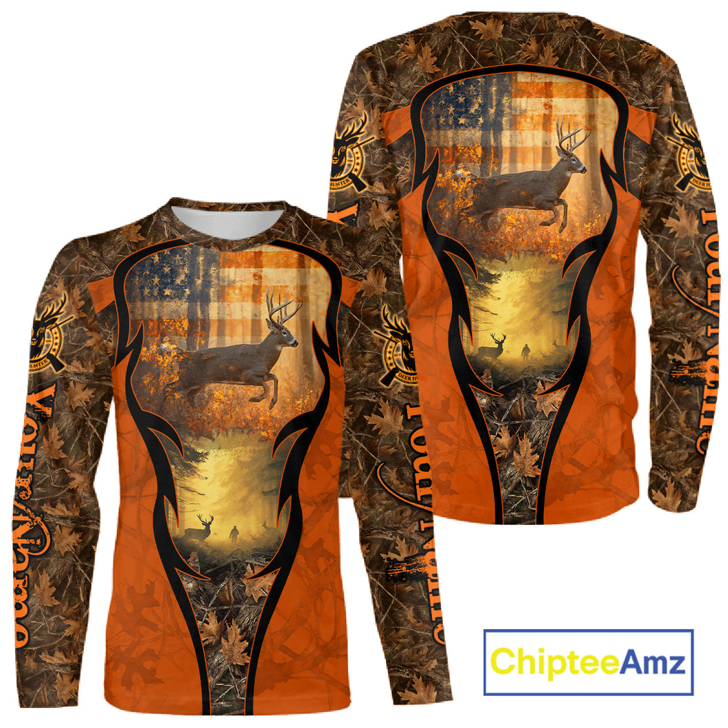 Deer Hunting Autumn Blaze Camo with American Flag Shirts for Men, Best Gift Ideas for Hunter NBT41