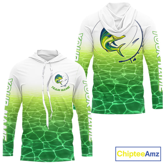 Custom Mahi Mahi Fishing Long Sleeve Hooded Performance Fishing Shirts, Mahi Mahi Saltwater Fishing Shirt NBT621