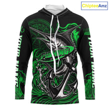 Load image into Gallery viewer, Front view of Custom Marlin Fishing Ocean Camo Long Sleeve Hooded Fishing Shirt Marlin Saltwater Fishing Jersey, UPF 30+ long sleeve fishing shirt with marlin graphic and Your Name on sleeves
