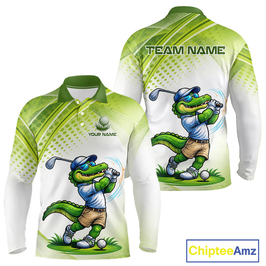 Funny White And Green Alligrator Golf Polo Shirts For Men Custom Team Alligator Golf Outfit, Golfer Gifts NBT508