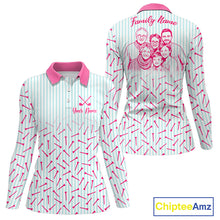 Load image into Gallery viewer, front and back view of long sleeve custom photo family golf polo shirt, matching family golf outfits