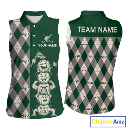 Funny Golf Ball Womens Sleeveless Golf Polo Shirts Custom Green Argyle Pattern Golf Attire For Ladies, Golfer Gifts NBT628