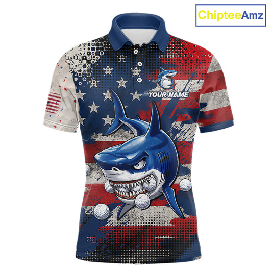 Front view funny mens long sleeve polo golf shirt American Flag custom shark golf shirt funny golf gift