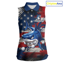 Load image into Gallery viewer, Front view funny womens sleeveless polo golf shirt American Flag custom shark golf shirt funny golf gift