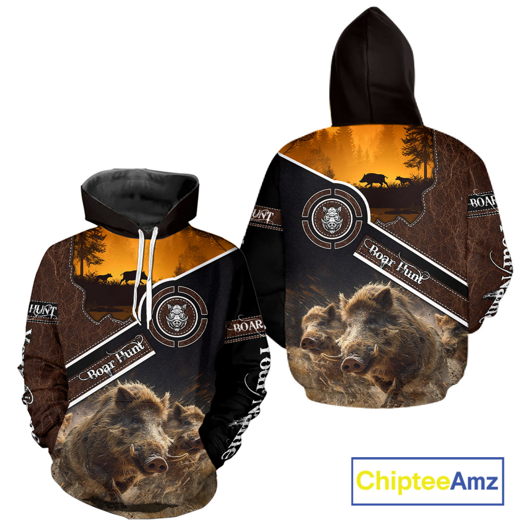 Wild Boar Hunting Leather Pattern Custom Name 3D All Over Printed Shirts Personalized Boar Shirt NBT143