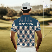 Load image into Gallery viewer, Blue Argyle Plaid Pattern Mens Golf Polo Shirts Custom Golf Attire For Men, Team Golf Shirt NBT636