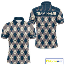 Load image into Gallery viewer, Blue Argyle Plaid Pattern Mens Golf Polo Shirts Custom Golf Attire For Men, Team Golf Shirt NBT636
