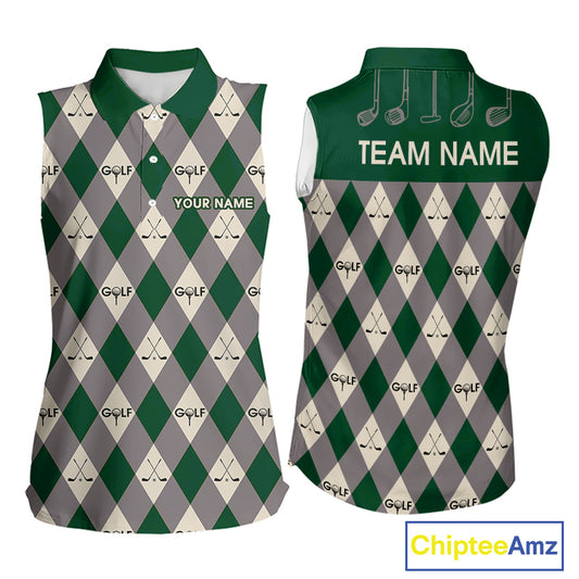 Green Argyle Plaid Pattern Womens Sleeveless Golf Polo Shirts Custom Golf Attire For Ladies, Team Golf Shirt NBT637