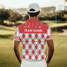 Load image into Gallery viewer, Red Argyle Plaid Pattern Mens Golf Polo Shirts Custom Golf Attire For Men, Team Golf Shirt NBT638