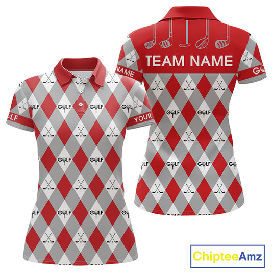 Red Argyle Plaid Pattern Womens Golf Polo Shirts Custom Golf Attire For Ladies, Team Golf Shirt NBT638