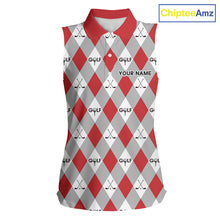 Load image into Gallery viewer, Red Argyle Plaid Pattern Womens Sleeveless Golf Polo Shirts Custom Golf Attire For Ladies, Team Golf Shirt NBT638