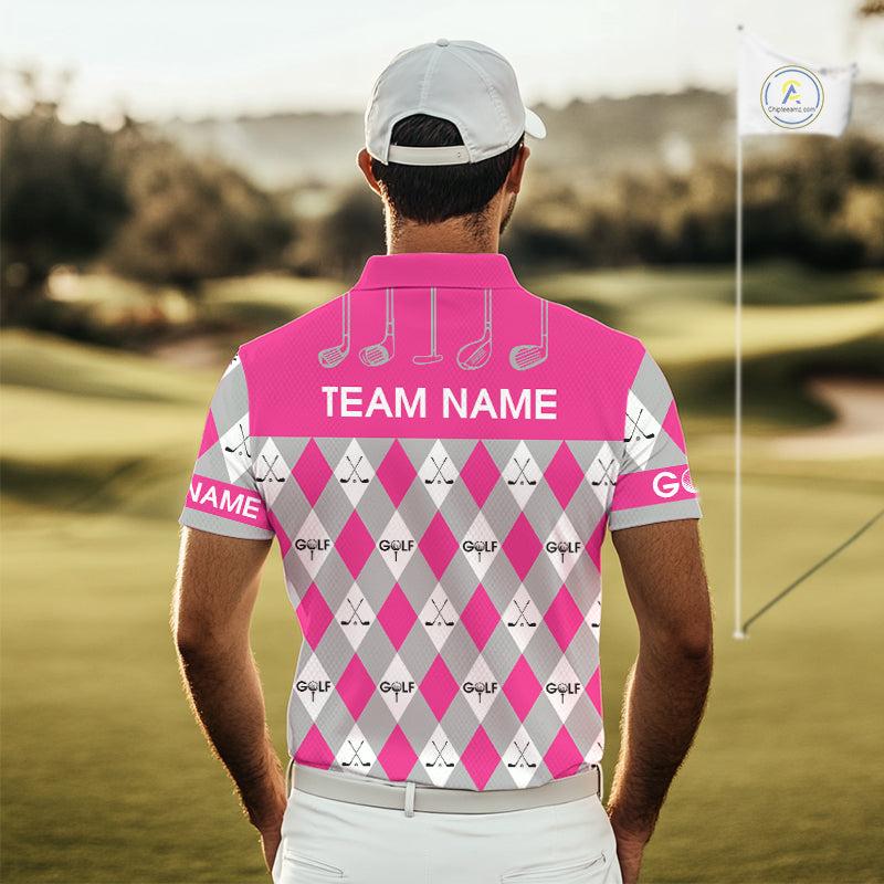 Pink Argyle Plaid Pattern Mens Golf Polo Shirts Custom Golf Attire For Men, Team Golf Shirt NBT639