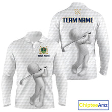 Load image into Gallery viewer, Front and back view Custom Name mens long sleeve golf polo shirt with unique golf ball pattern and personalized name